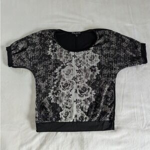 Simply Irresistible‎ Petite Black Rose Print Dolman Sleeve Mesh Top Women's Sz M